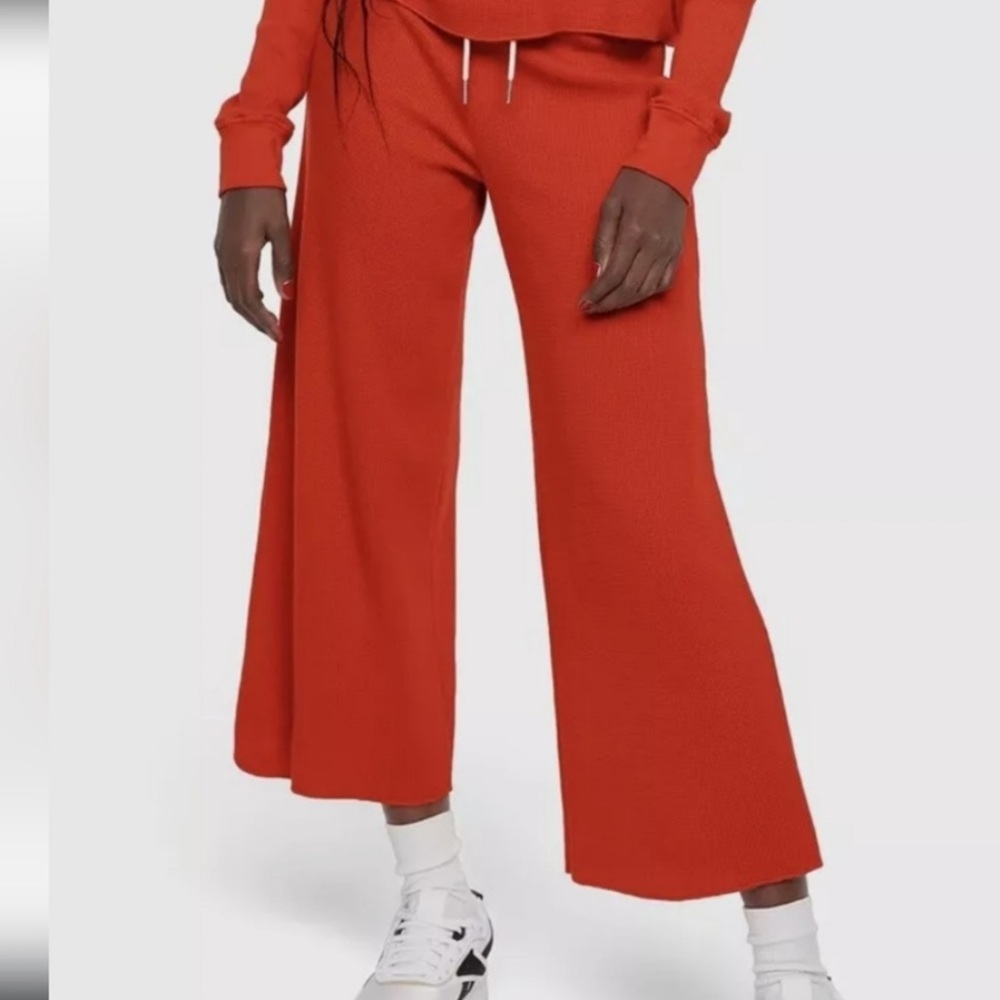 Mate The Label Red Cropped Wide Leg Thermal Pants Waffle Knit Organic Cotton 1X